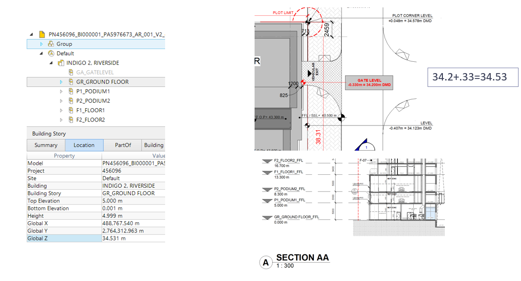 Figure 6. Using BIMcollab ZOOM to check Z value & compare native BIM model value